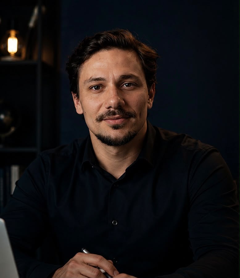 Retrato de Carlos Henrique Menegat à mesa de trabalho, em escritório de iluminação baixa